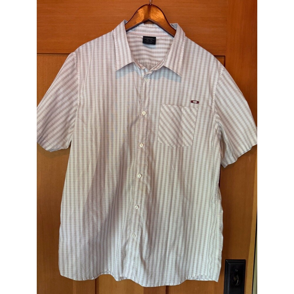 Oakley Shirt Mens XL Tan Beige Striped Short Sleeve Button Up Casual Pocket Logo
